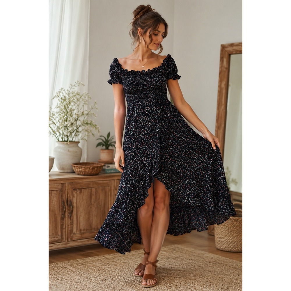 Floral Midi Dress Womens LG Black Smocked High Low Ruffle Cottagecore Boho